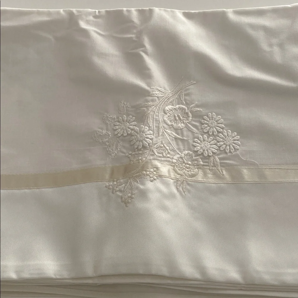 Vintage white hand Embroidered flat sheet pillowcase combo Bedding Set queen